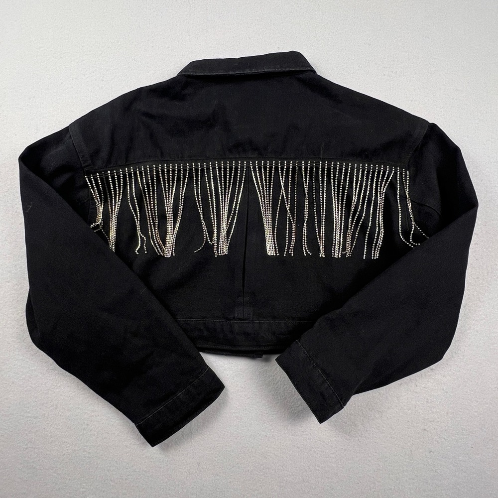 Black Denim Jacket Womens M Rhinestone Fringe Cropped Western Boho Rock Festival